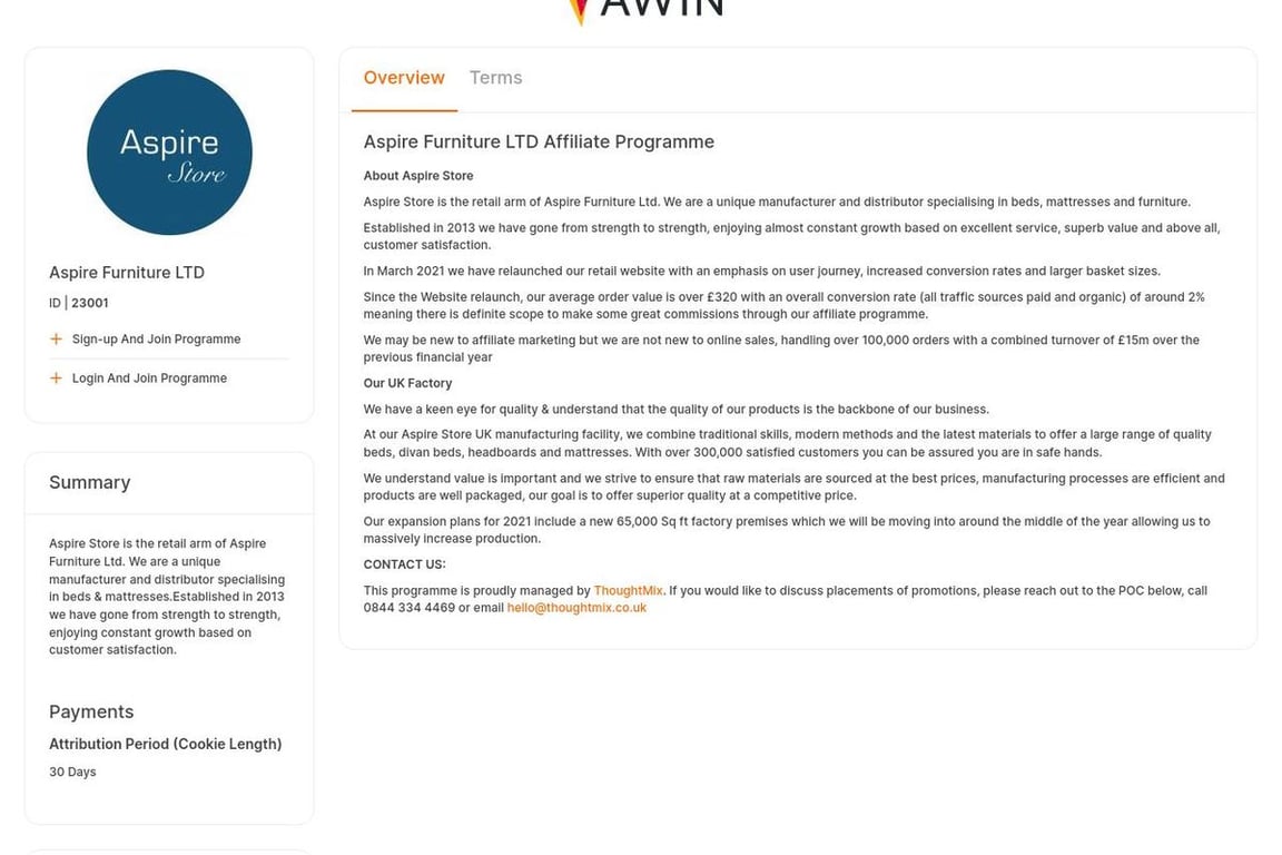 Aspire Furniture LTD affiliate program signup page