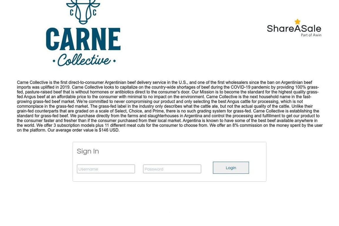 Carne collective affiliate program signup page