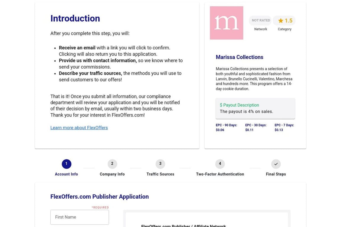 Marissa Collections affiliate program signup page