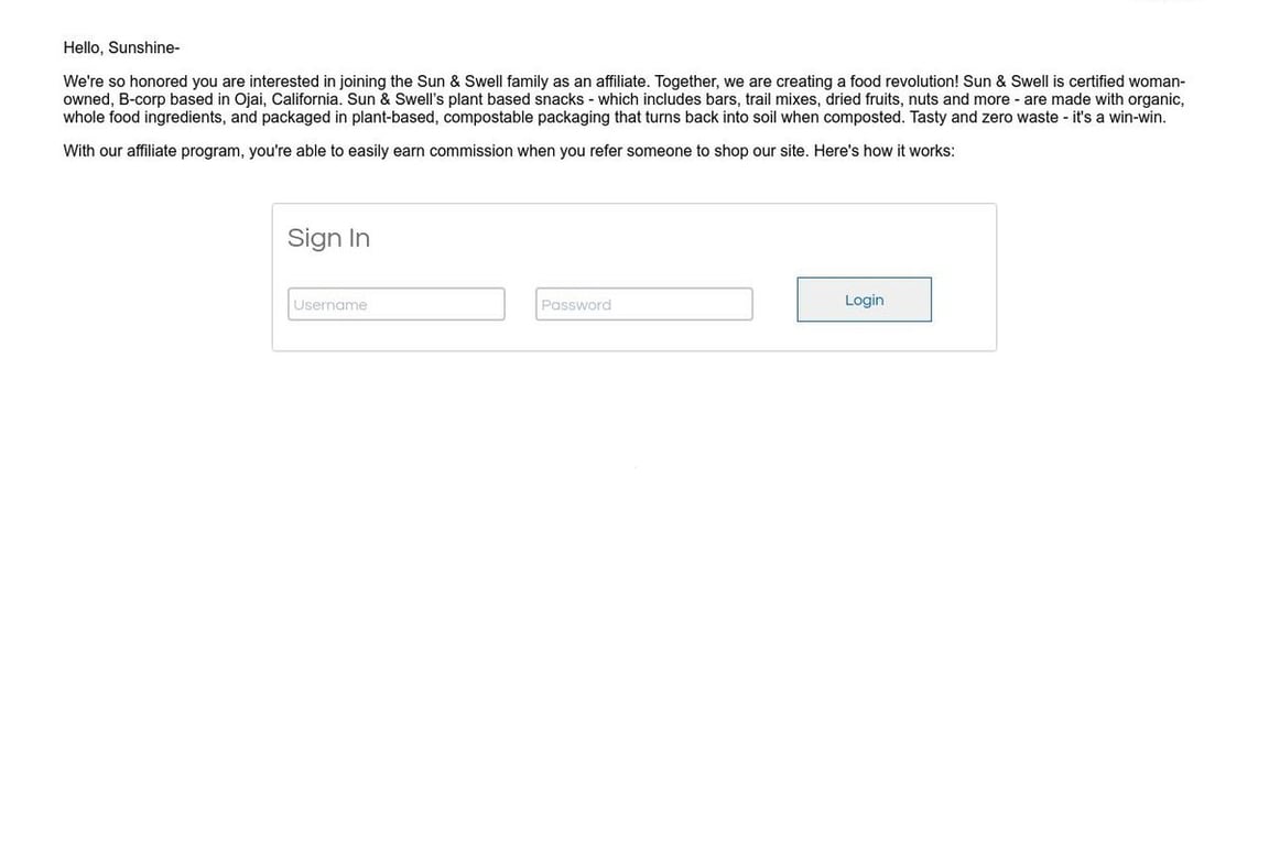 Sun & Swell Foods affiliate program signup page
