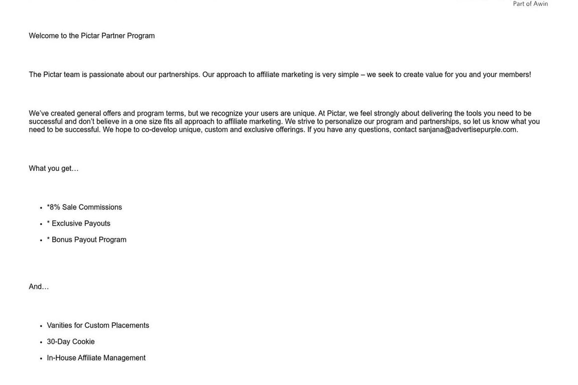 Pictar World affiliate program signup page