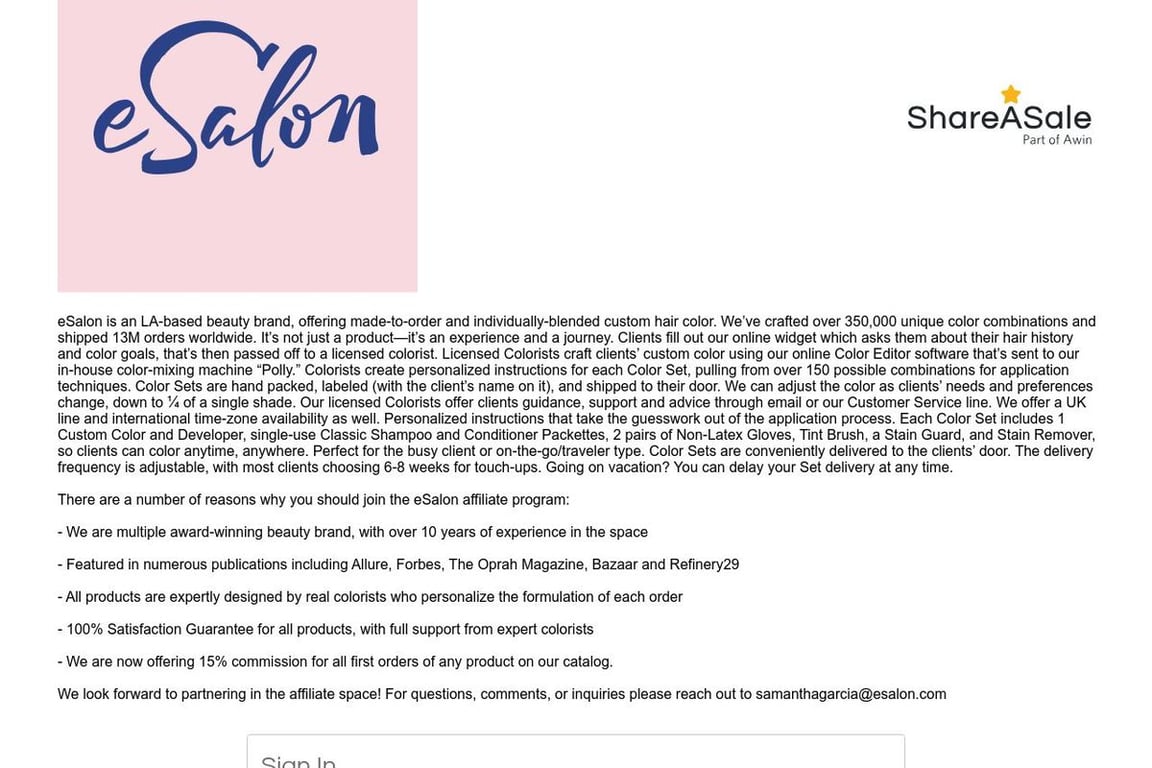 ESalon affiliate program signup page