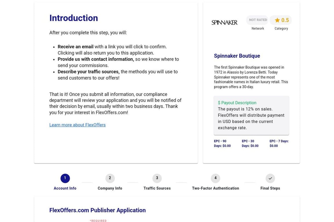 Spinnaker Boutique affiliate program signup page