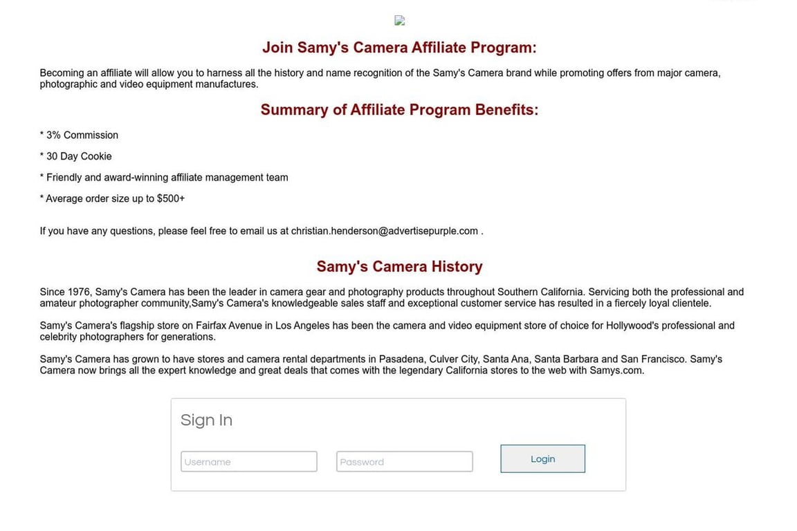 Samy’s Camera affiliate program signup page