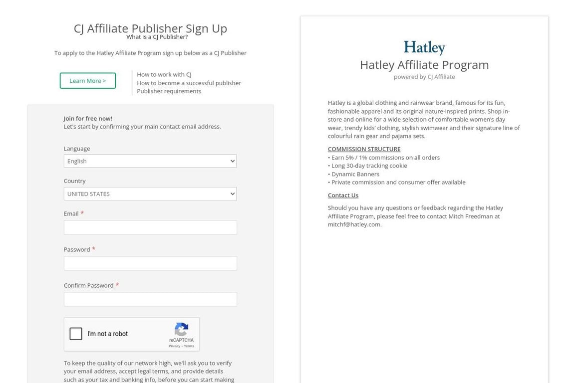 Hatley affiliate program signup page