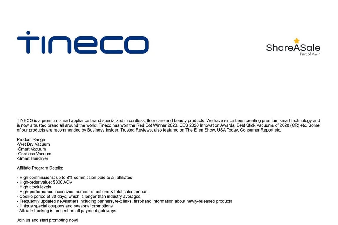 Tineco affiliate program signup page