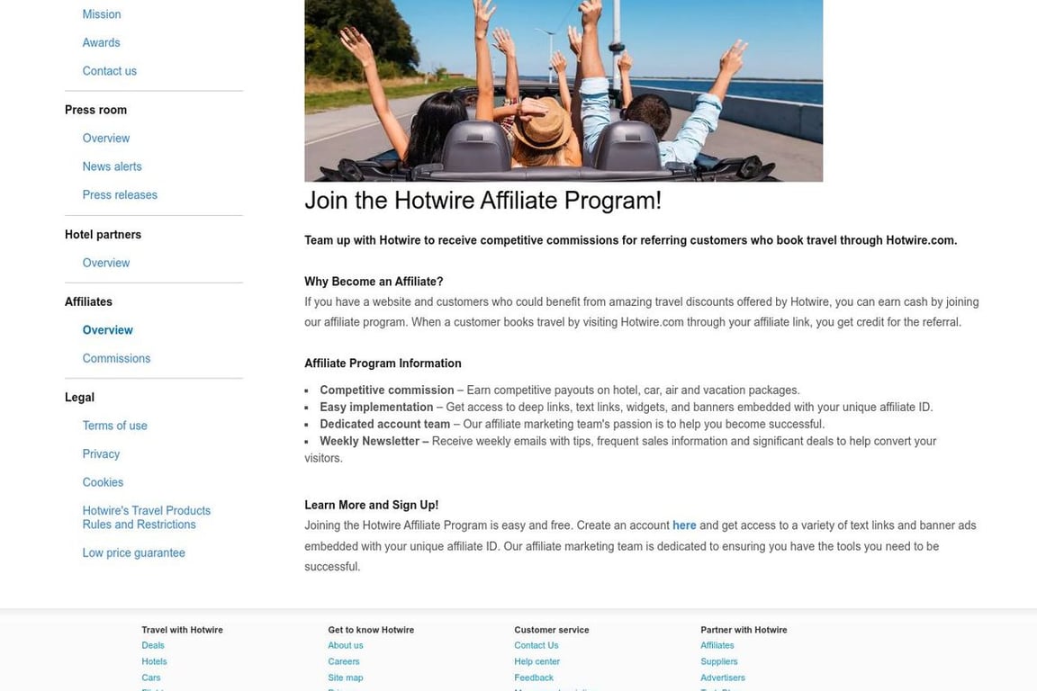 Hotwire affiliate program signup page