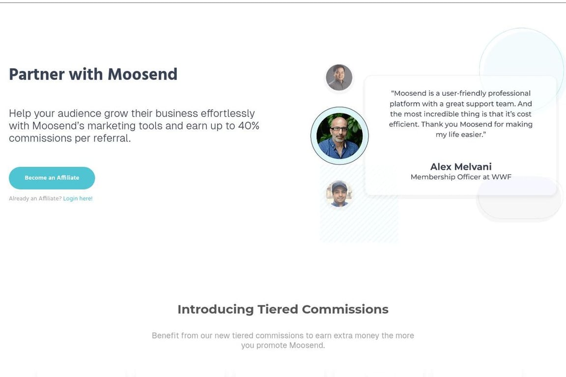 Moosend affiliate program signup page