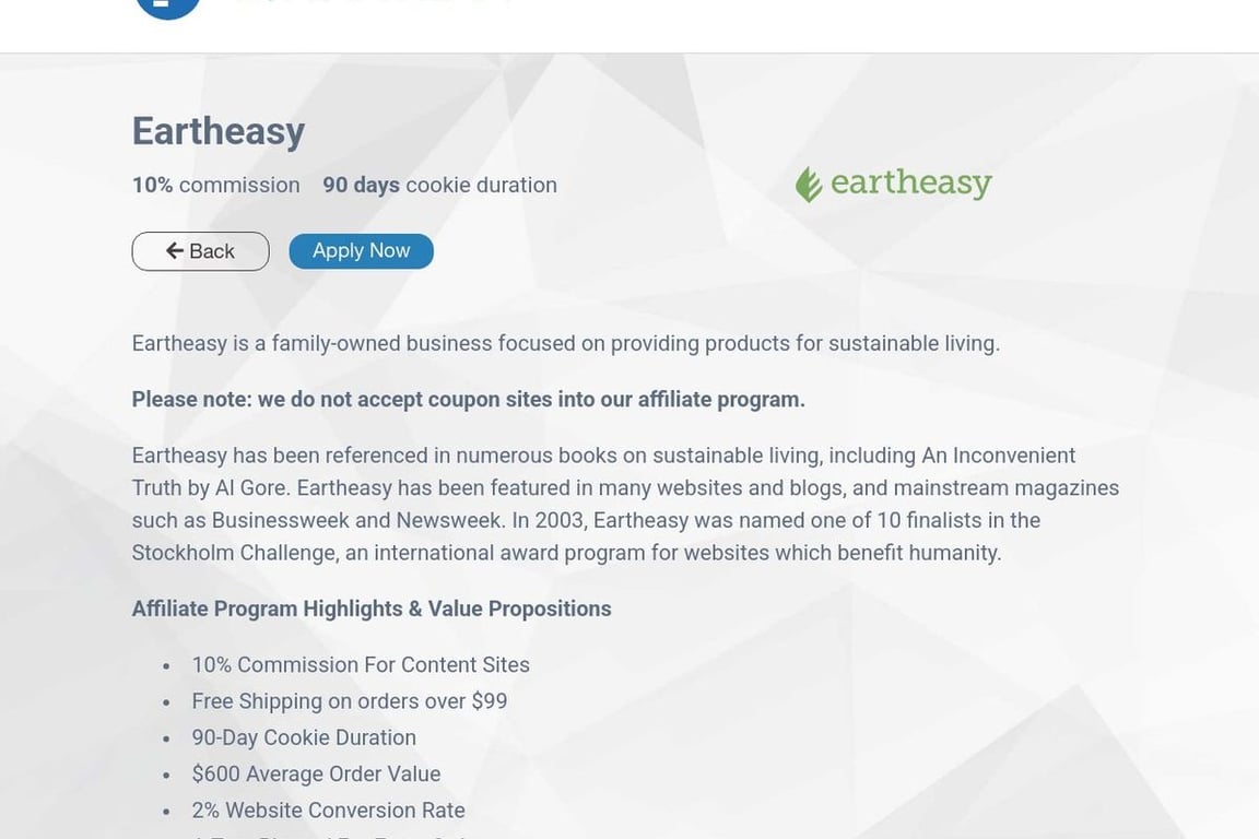 Eartheasy affiliate program signup page
