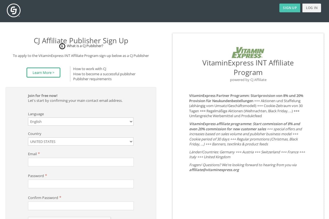 VitaminExpress affiliate program signup page