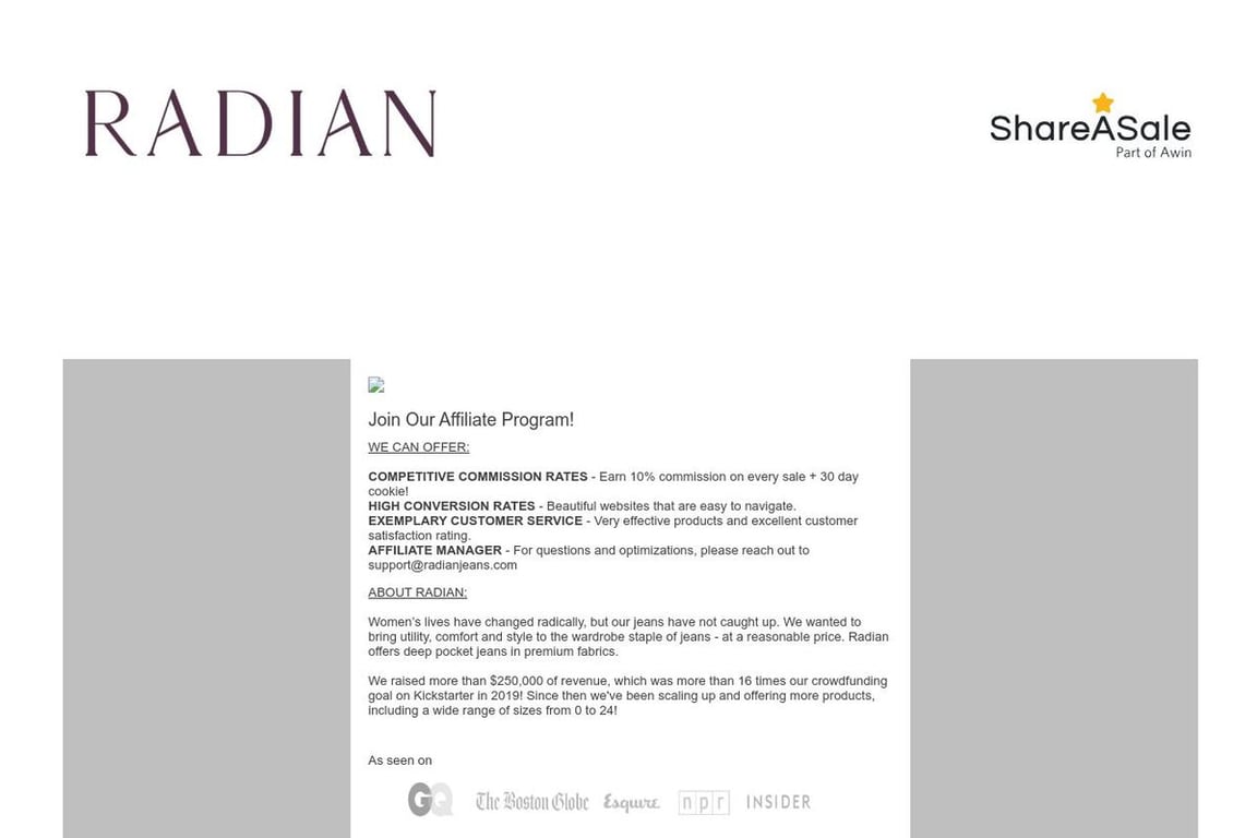 Radian Jeans affiliate program signup page