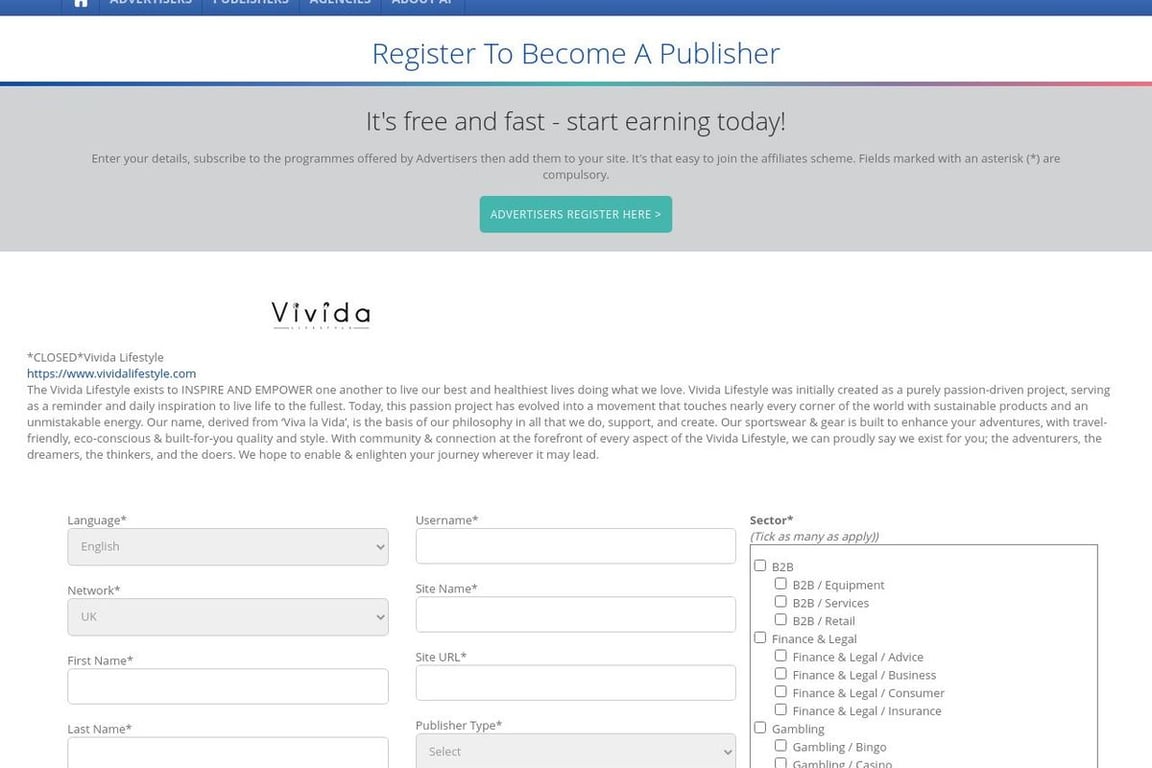 Vivida Lifestyle affiliate program signup page