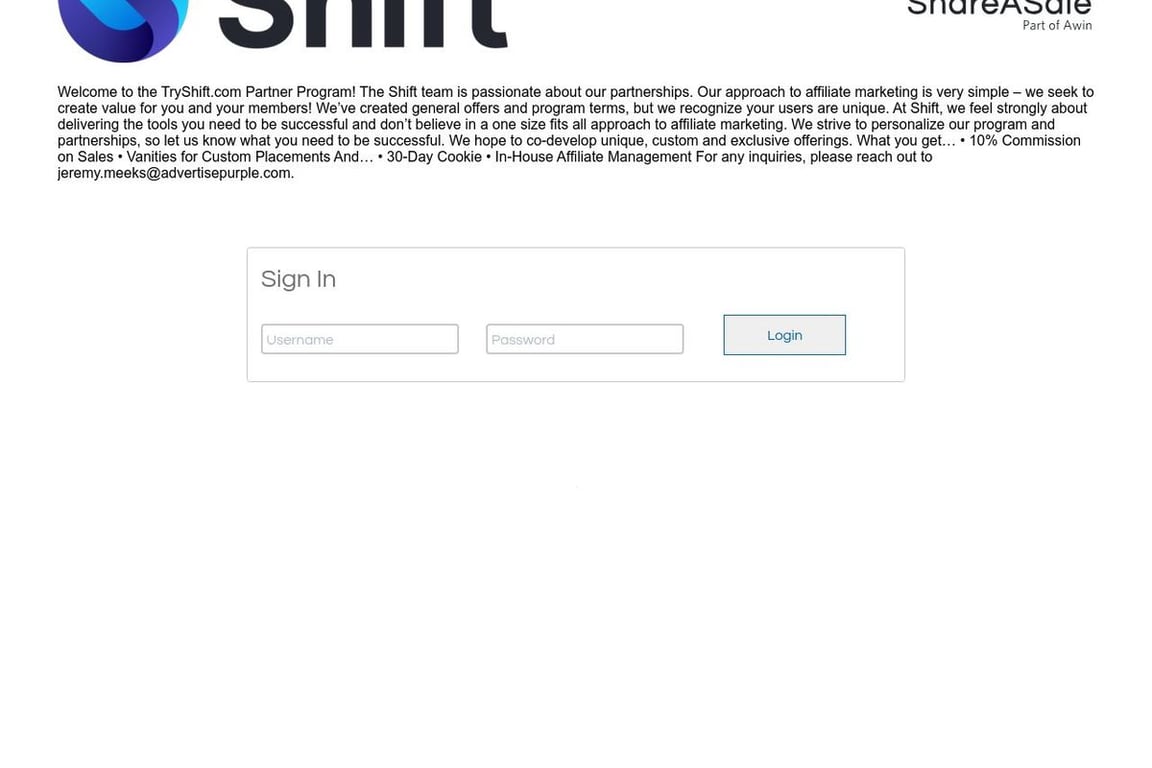 Shift affiliate program signup page