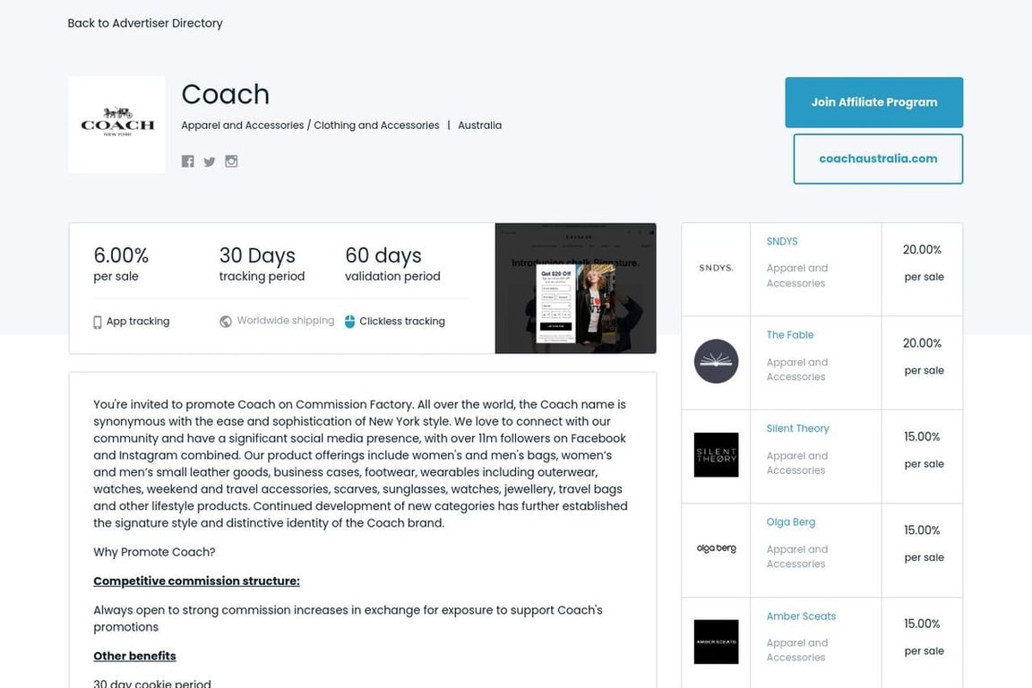 COACH AU affiliate program signup page