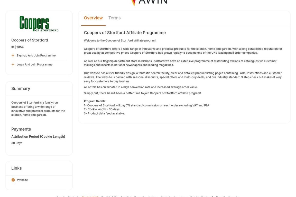 Coopers of Stortford affiliate program signup page