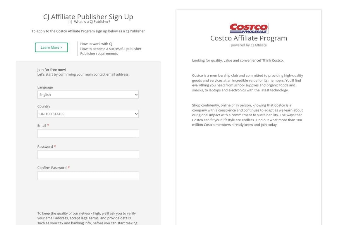 Costco affiliate program signup page