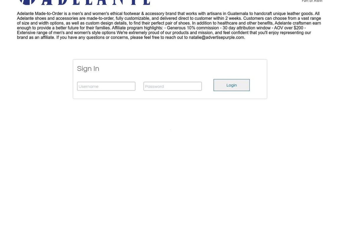 Adelante Shoe Co affiliate program signup page