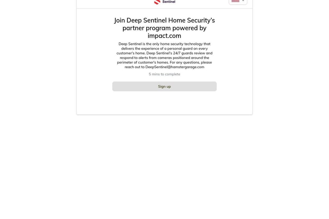 Deep Sentinel Home Security affiliate program signup page