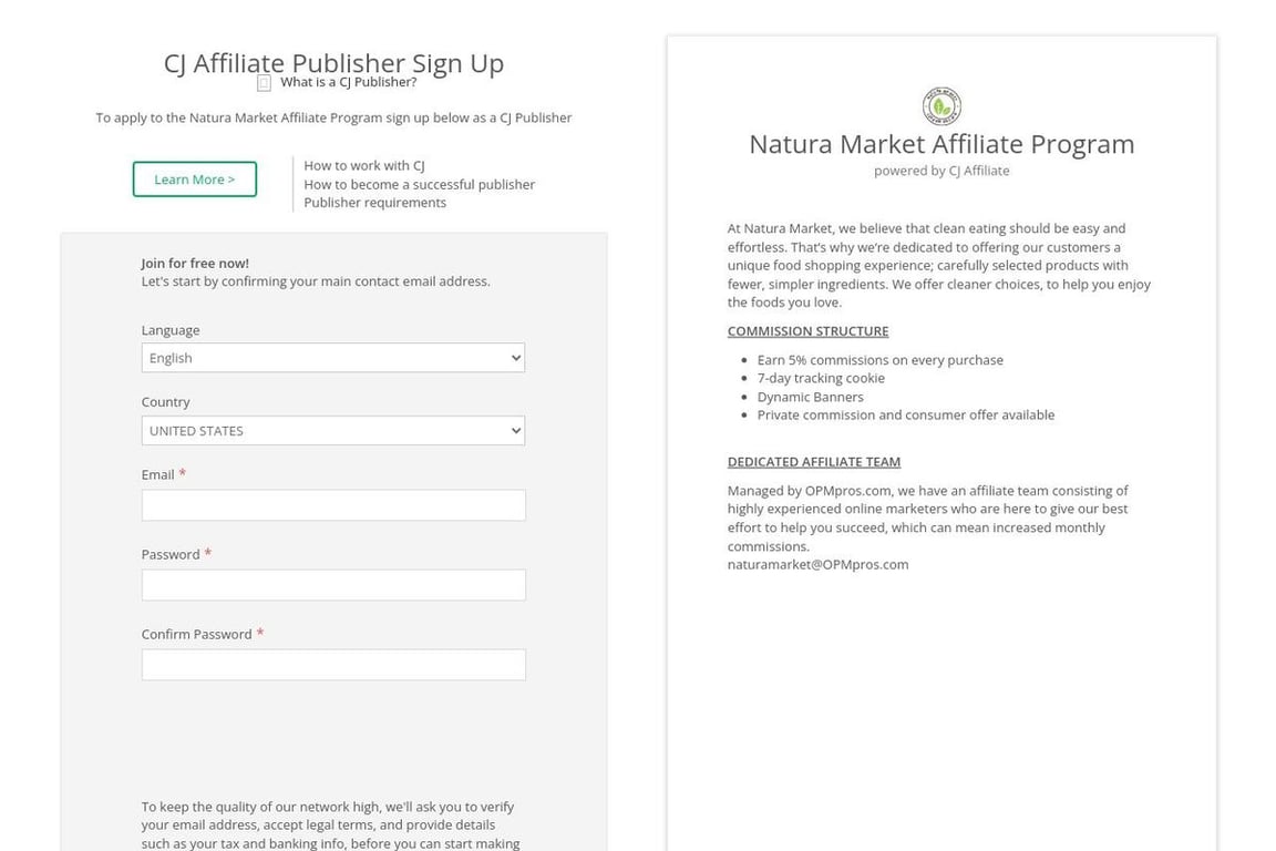 Natura Market affiliate program signup page