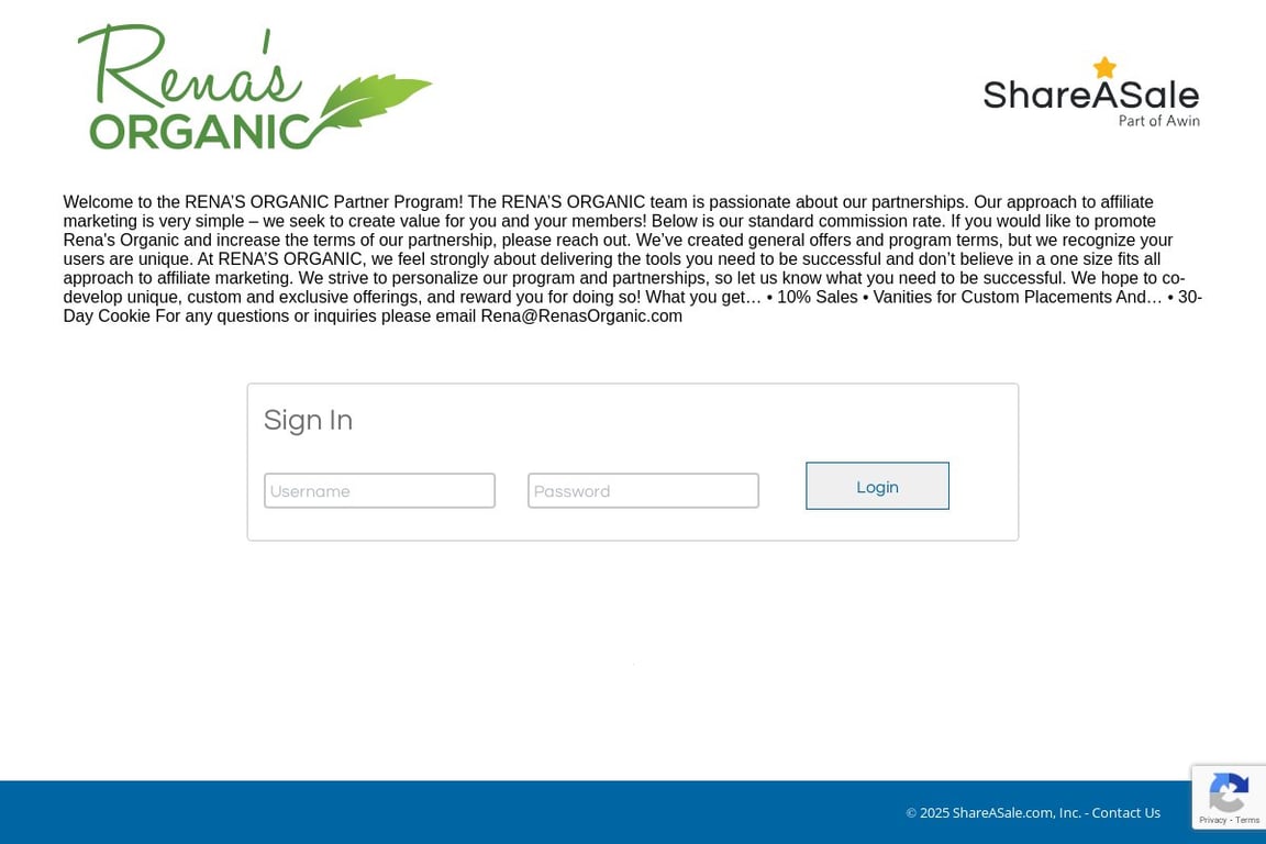Rena’s Organic affiliate program signup page