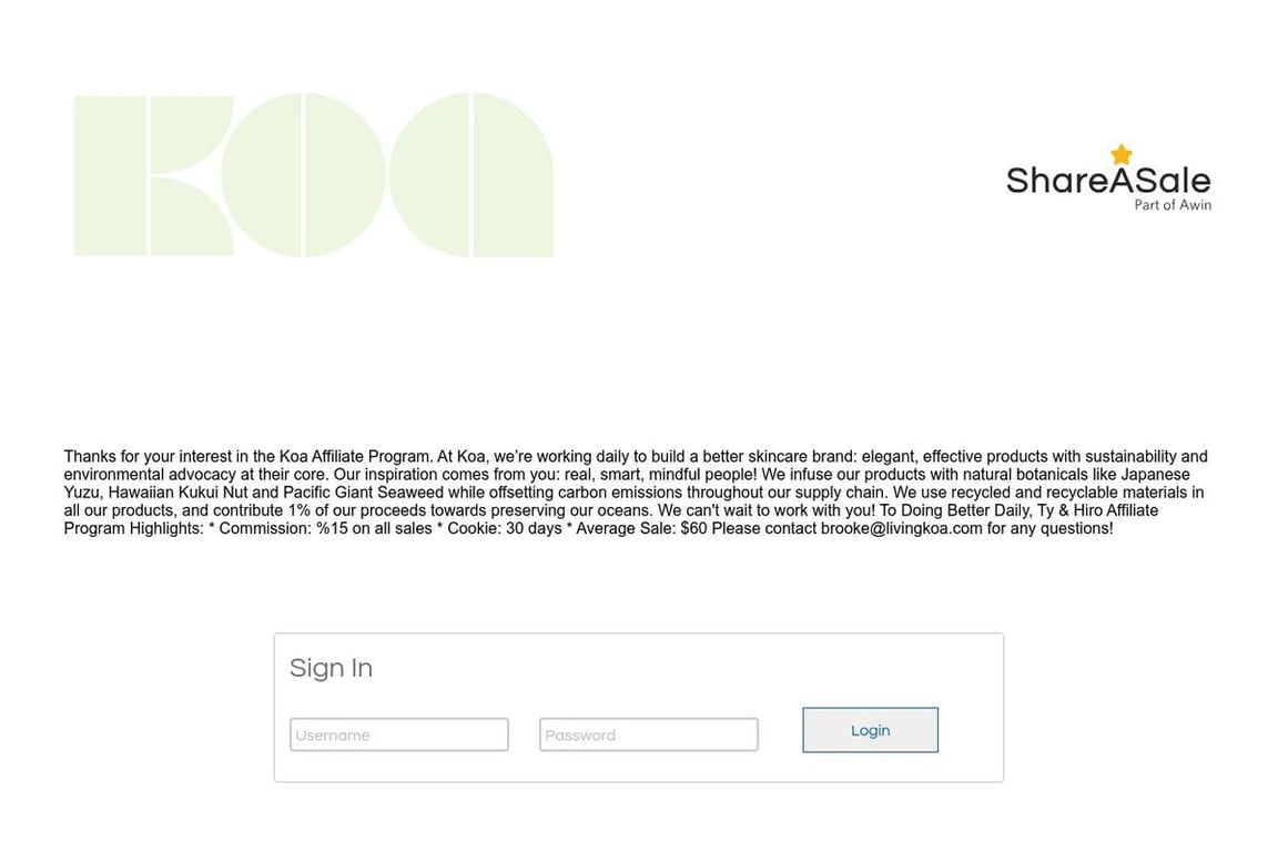 Koa affiliate program signup page