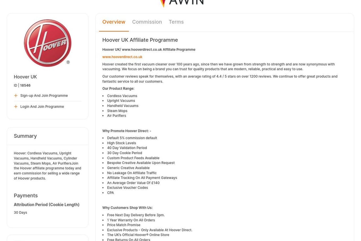 Hoover UK affiliate program signup page