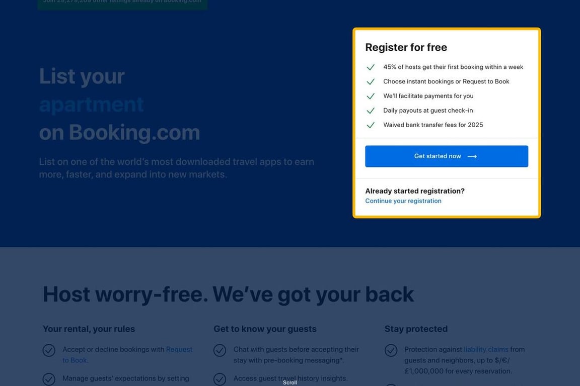 Booking.com New Property Sign Up homepage