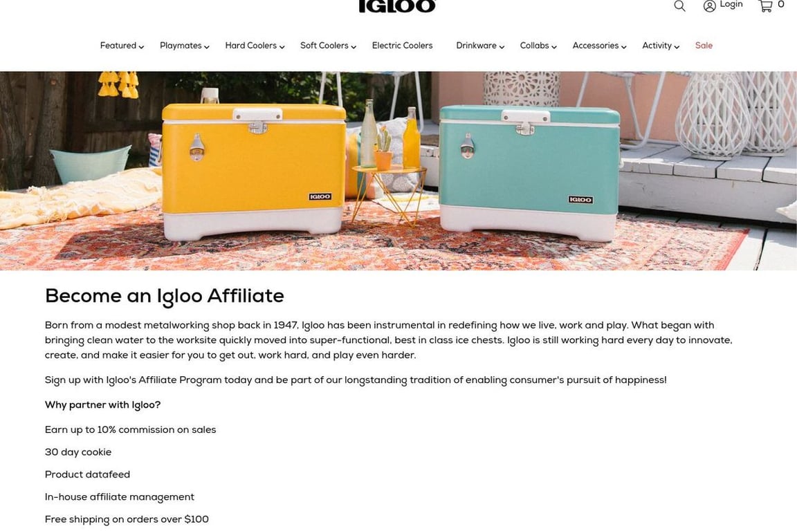 Igloo Coolers affiliate program signup page