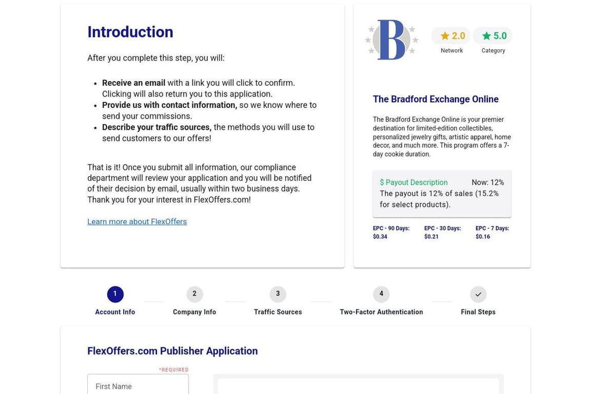 The Bradford Exchange Online affiliate program signup page