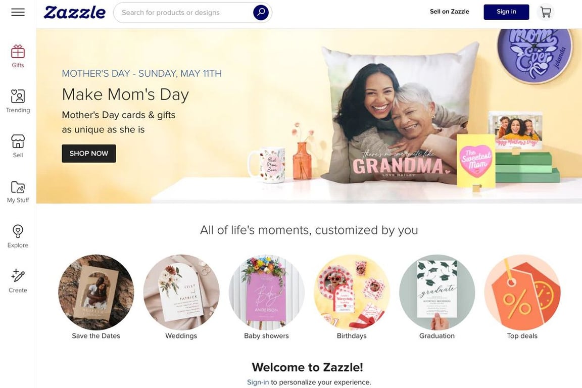 Zazzle homepage