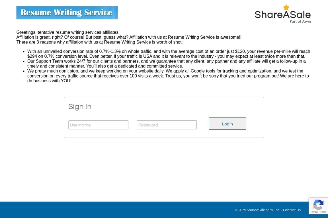 Resume Writing Service affiliate program signup page