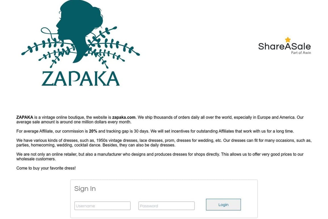 ZAPAKA VINTAGE affiliate program signup page