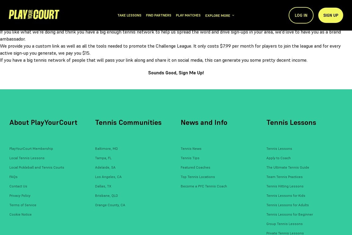 Play Your Court affiliate program signup page