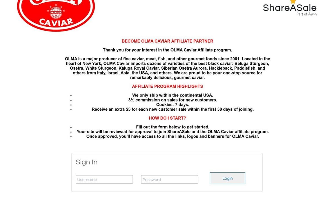 OLMA affiliate program signup page