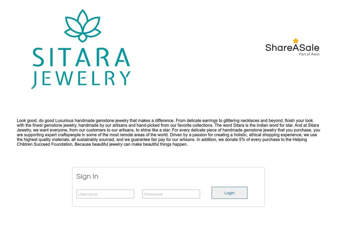 SITARA COLLECTIONS affiliate program signup page