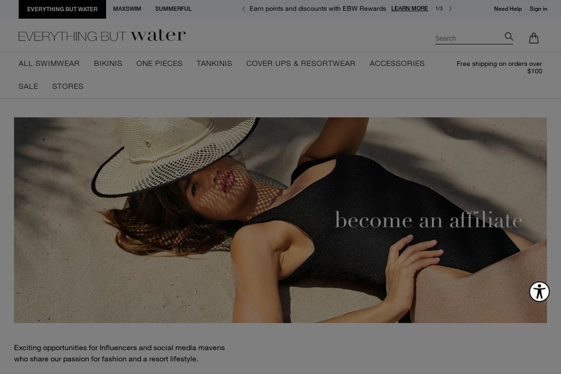 Everything But Water affiliate program signup page