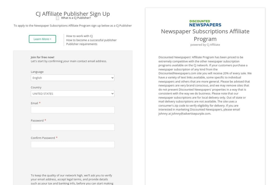 Newspaper Subscriptions affiliate program signup page