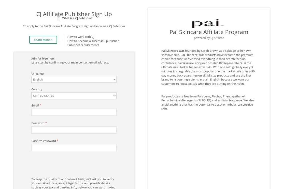 Pai Skincare AU affiliate program signup page