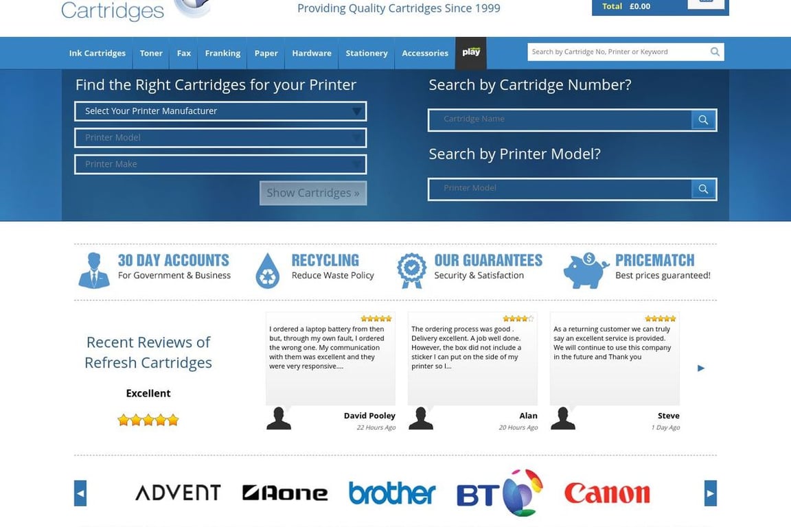 Refresh Cartridges UK homepage