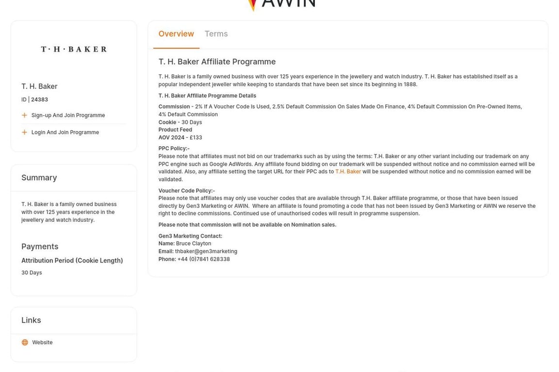 T. H. Baker UK affiliate program signup page