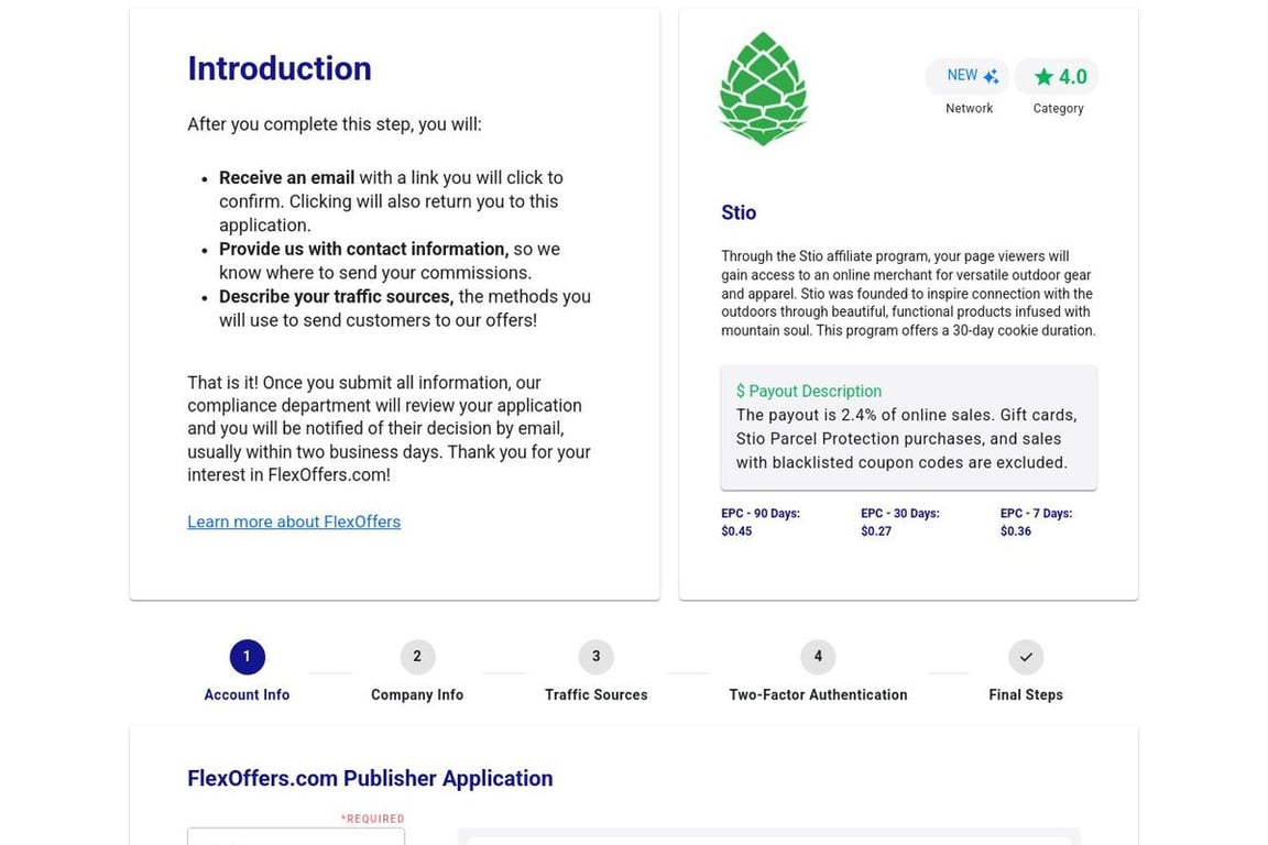 Stio affiliate program signup page