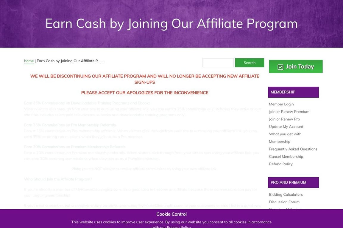 MyHouseCleaningBiz.com affiliate program signup page