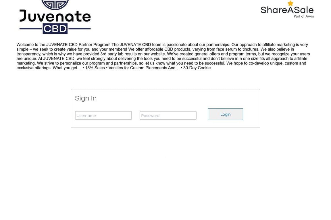 Juvenate CBD, LLC affiliate program signup page