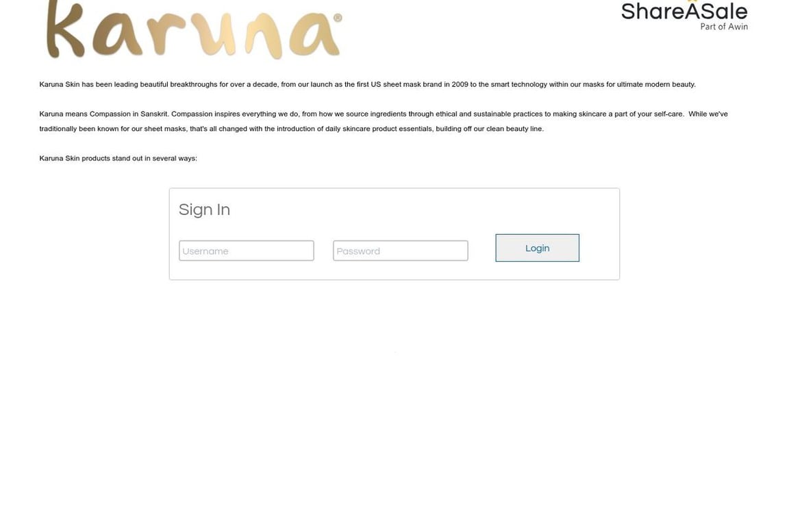 Karuna Skin affiliate program signup page