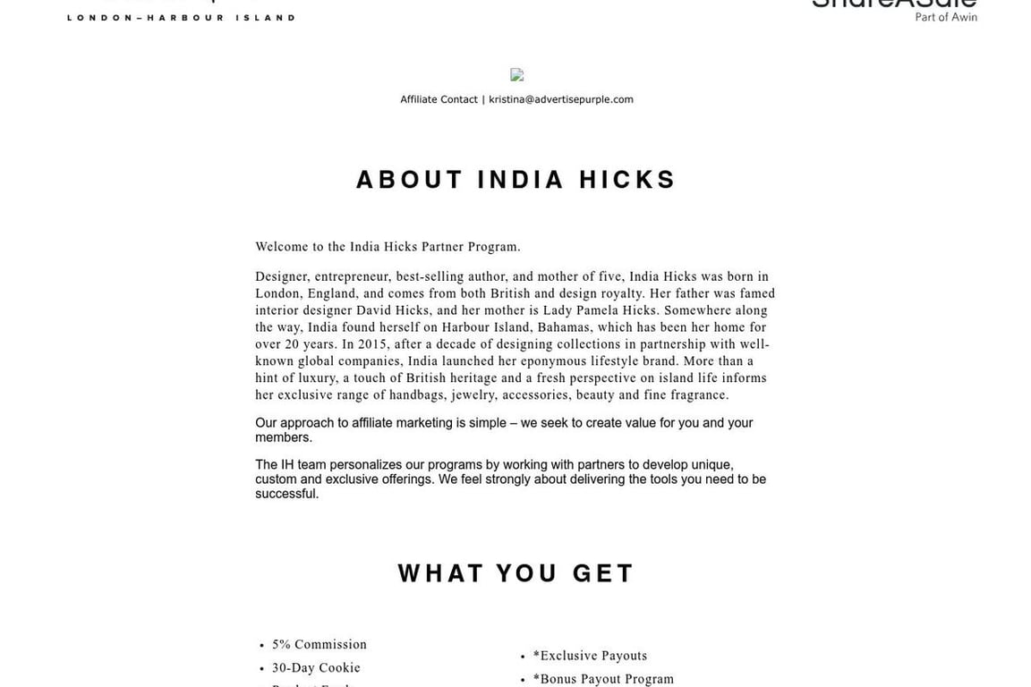 India Hicks affiliate program signup page