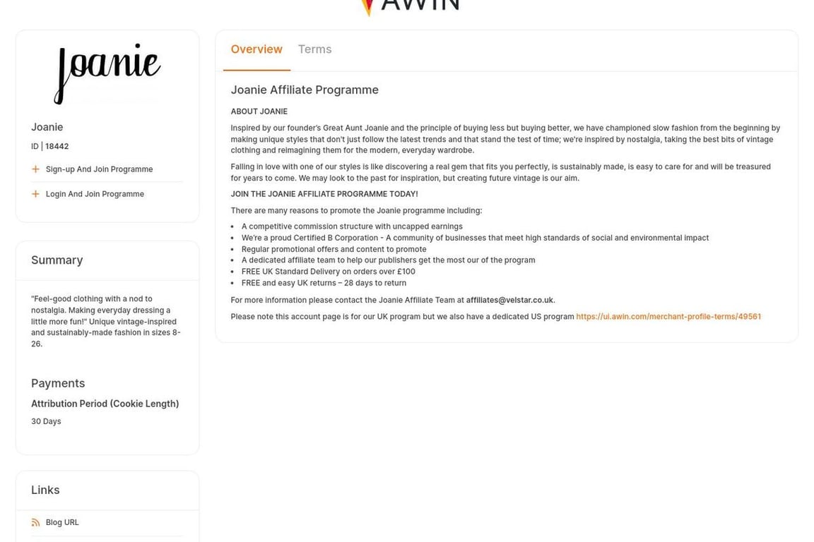 Joanie UK affiliate program signup page