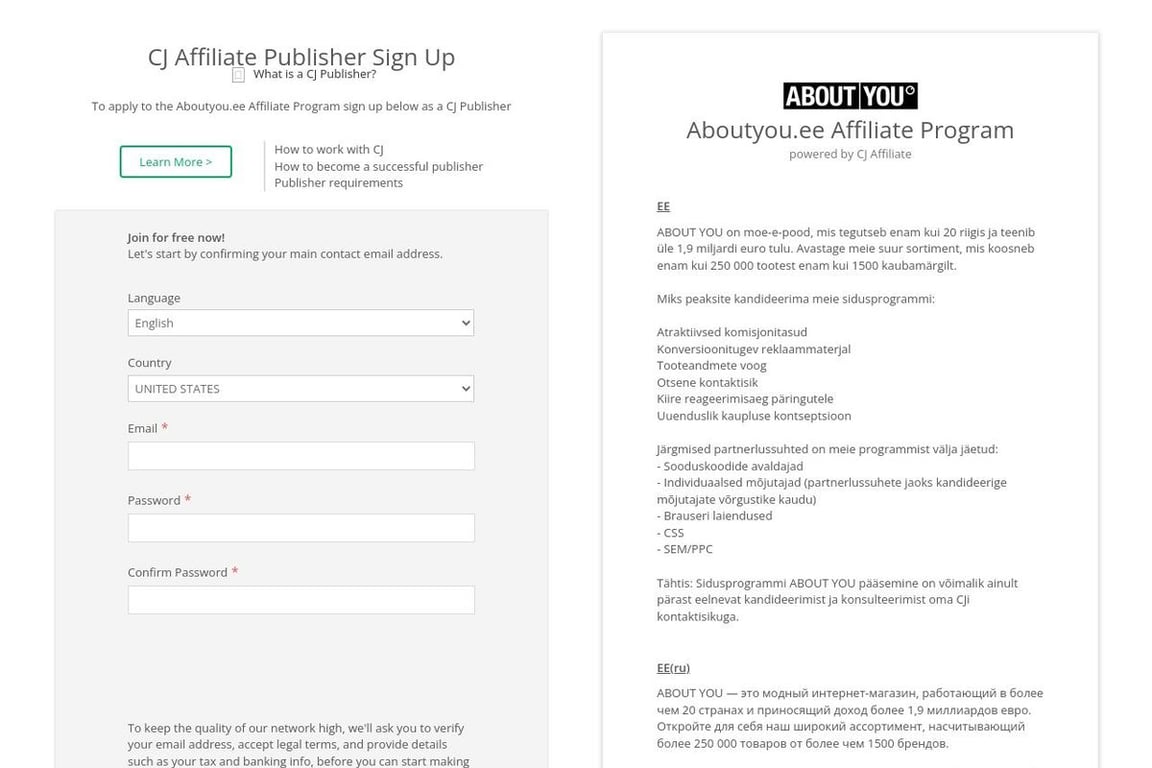 Aboutyou affiliate program signup page