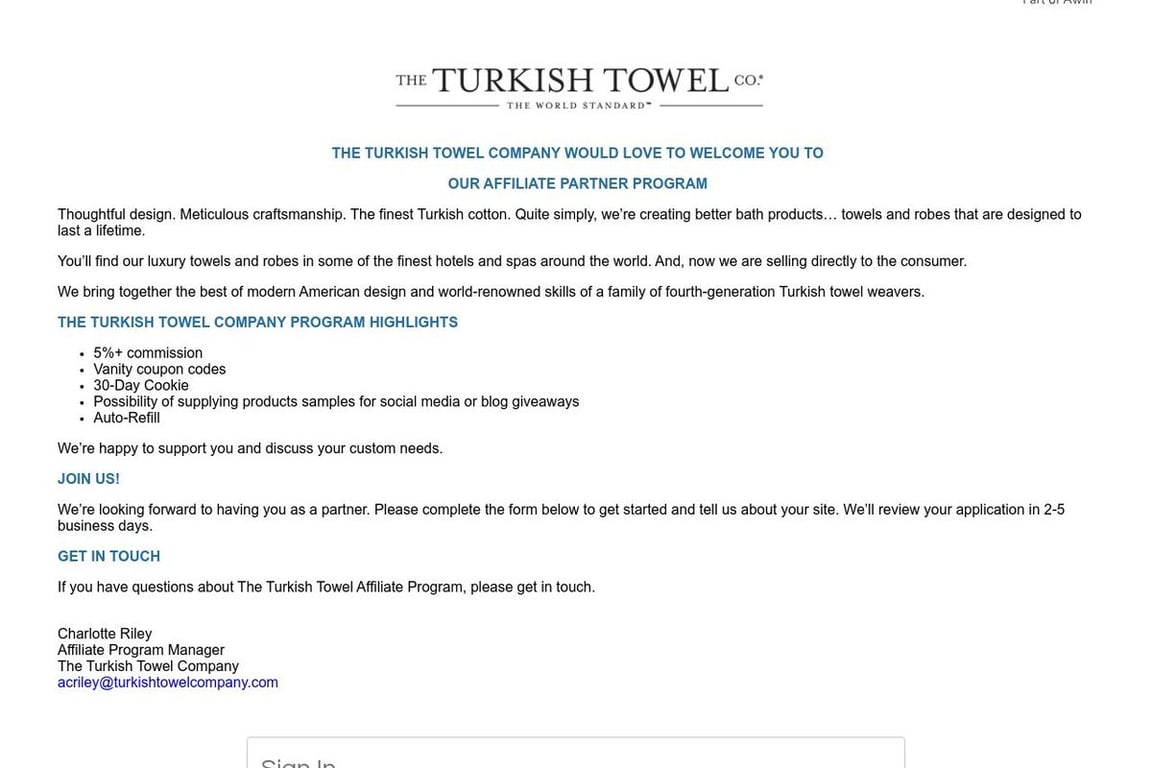 The Turkish Towel Company affiliate program signup page