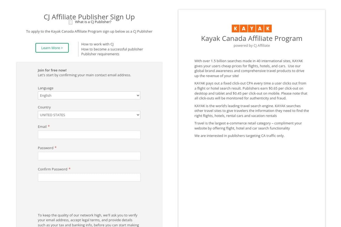 Kayak CA affiliate program signup page