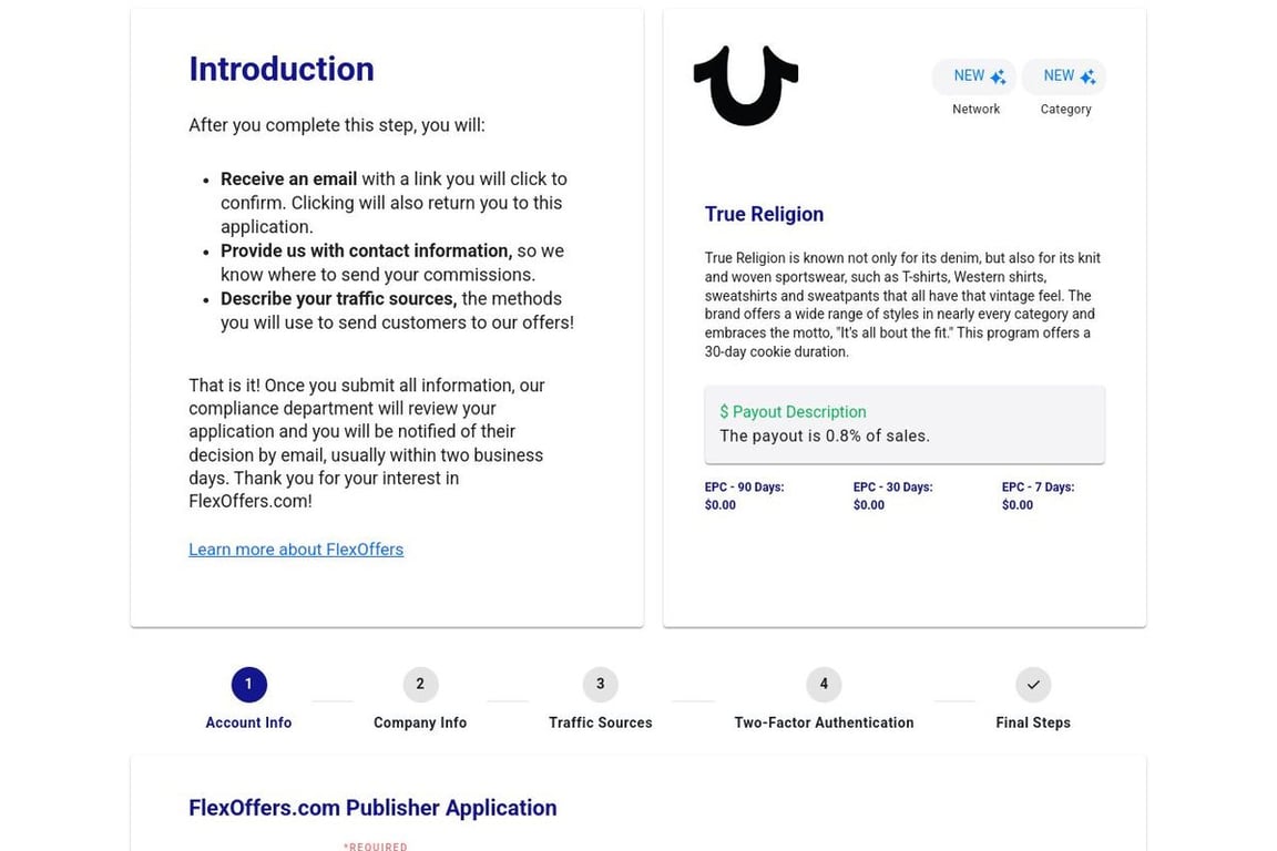 True Religion affiliate program signup page